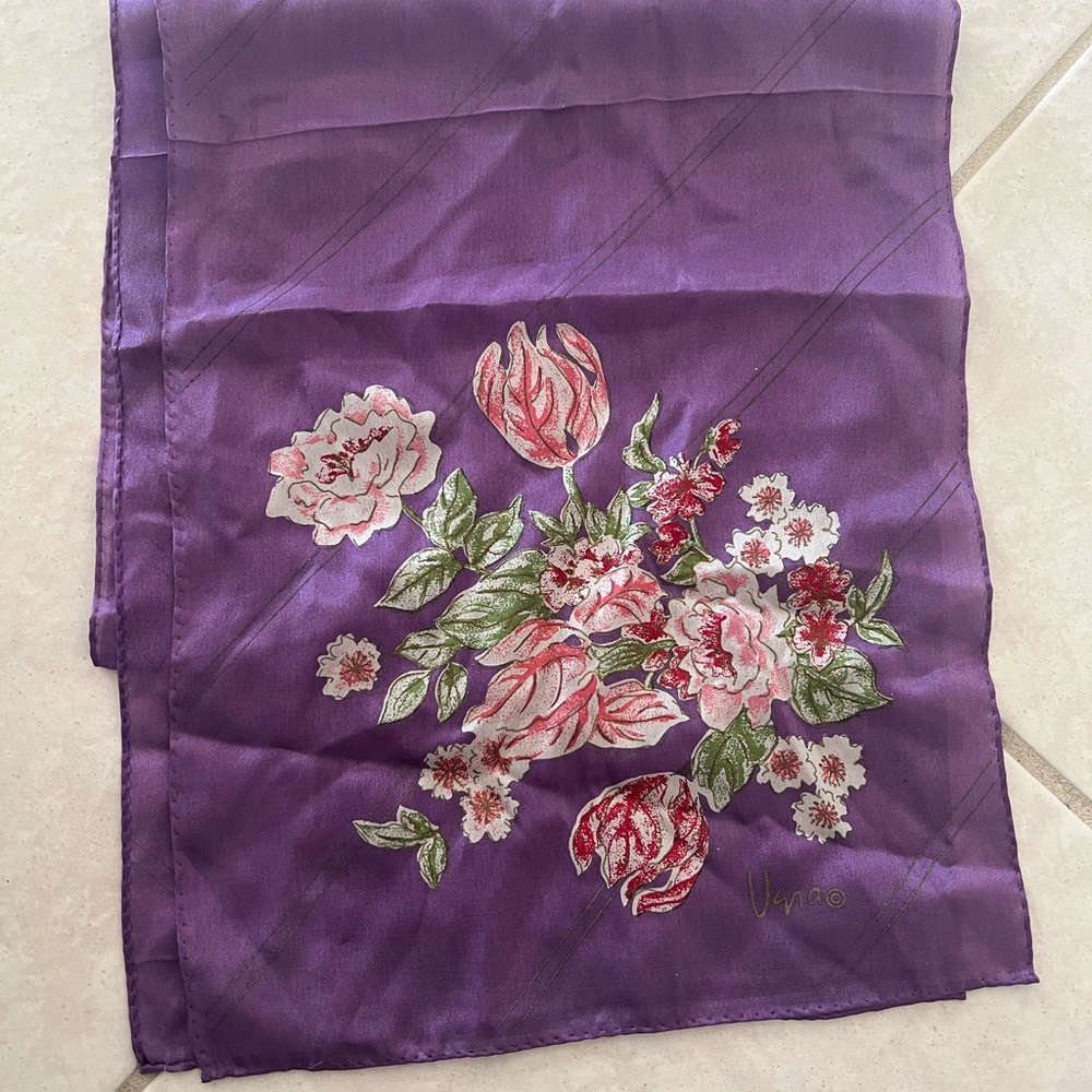 Vera vtg Purple Floral Silk Scarf with Pink & Green Bouquet 46”x10.5”